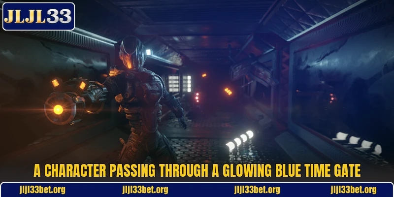 A character passing through a glowing blue time gate