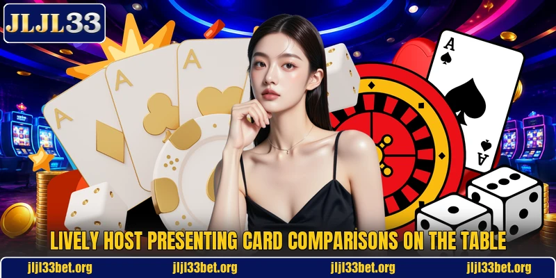 Lively host presenting card comparisons on the table