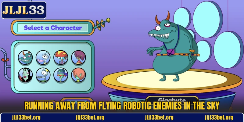 Running away from flying robotic enemies in the sky